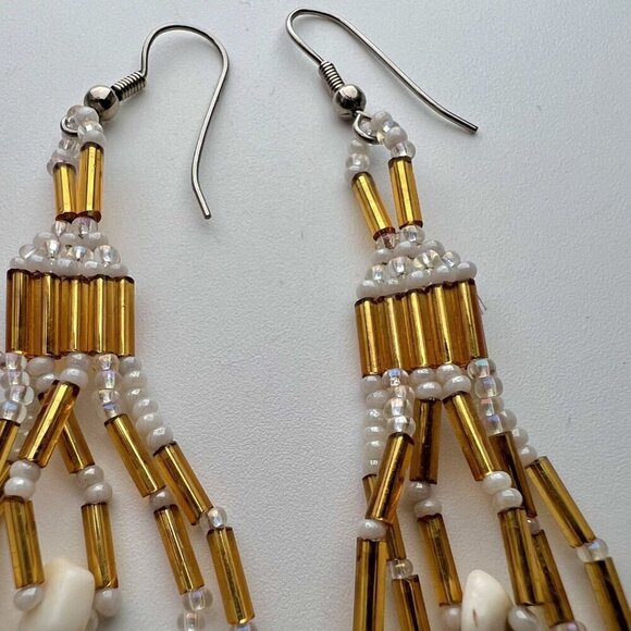 Handmade Gold & White Beaded Dangle Earrings Pierced Ears - Picture 5 of 7